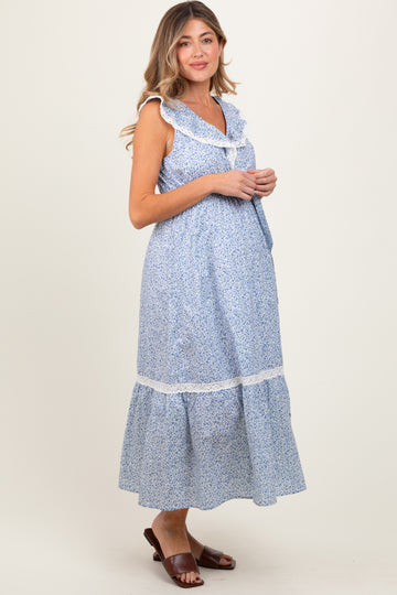 Light Blue Ruffled Floral Cotton Maternity Maxi Dress