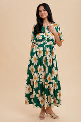 Emerald Notched Collar Floral Button Down Maternity Maxi Dress