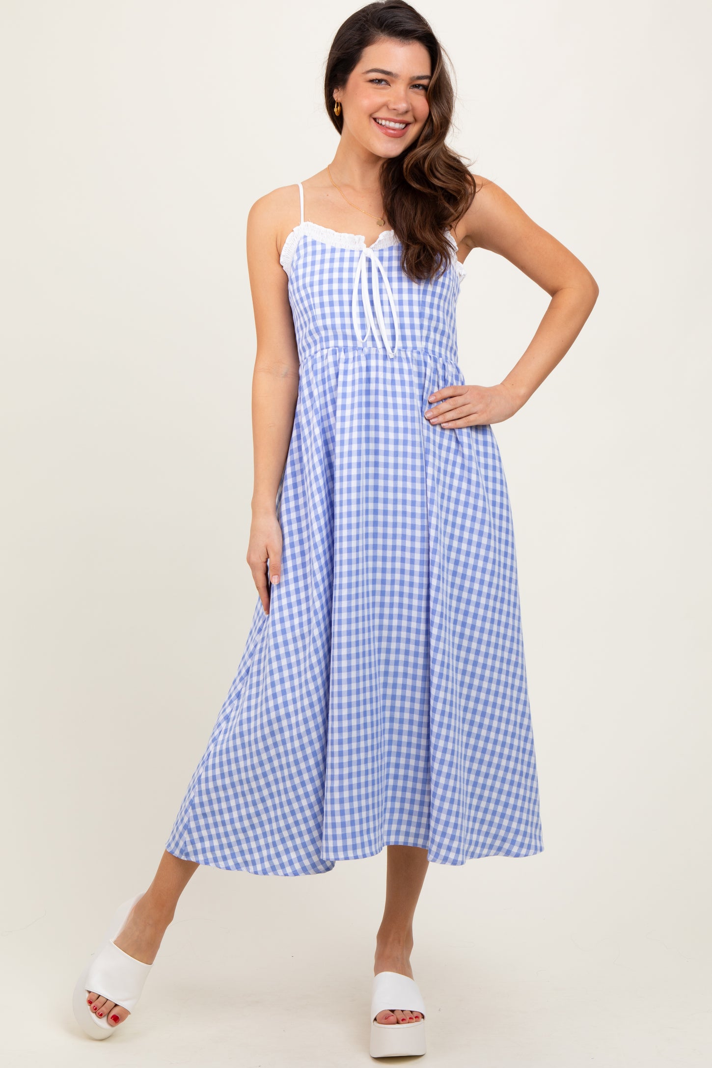 Blue Gingham Smocked Trim Maternity Midi Dress