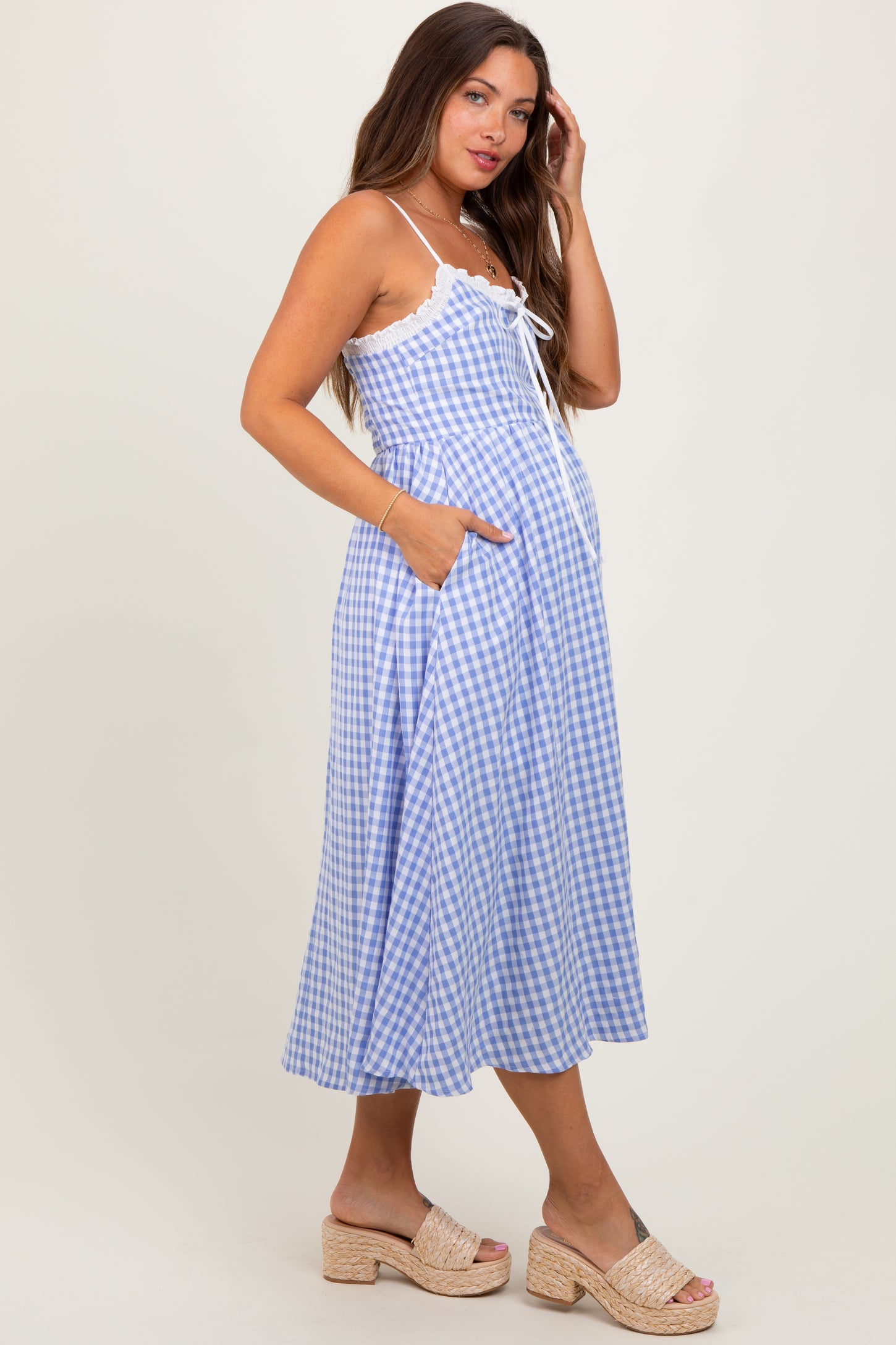 Blue Gingham Smocked Trim Maternity Midi Dress