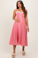 Red Gingham Smocked Trim Maternity Midi Dress