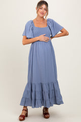 Blue Smocked Cotton Flutter Sleeve Maternity Maxi Dress