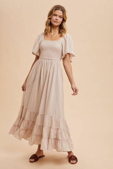 Cream Smocked Cotton Flutter Sleeve Maxi Dress