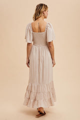 Cream Smocked Cotton Flutter Sleeve Maxi Dress