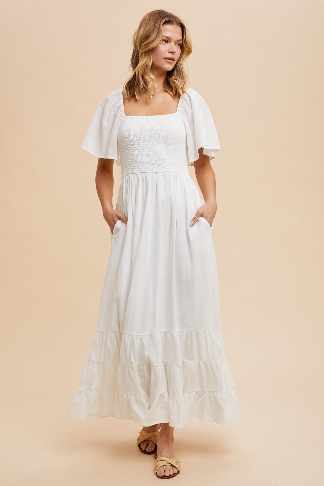 Ivory Smocked Cotton Flutter Sleeve Maxi Dress
