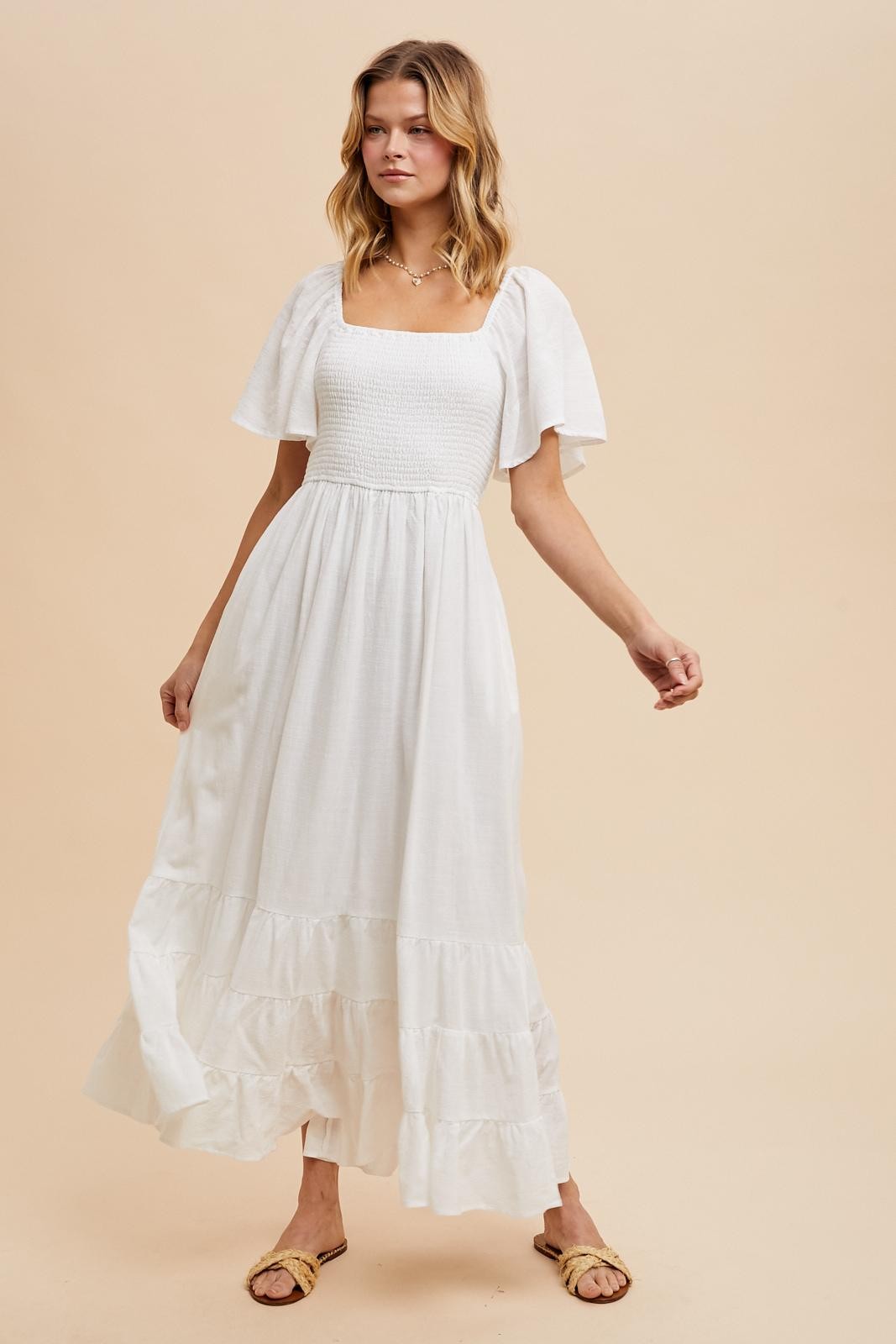Ivory Smocked Cotton Flutter Sleeve Maxi Dress