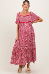 Burgundy Floral Button Front Maternity Midi Dress