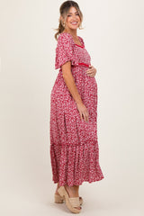 Burgundy Floral Button Front Maternity Midi Dress