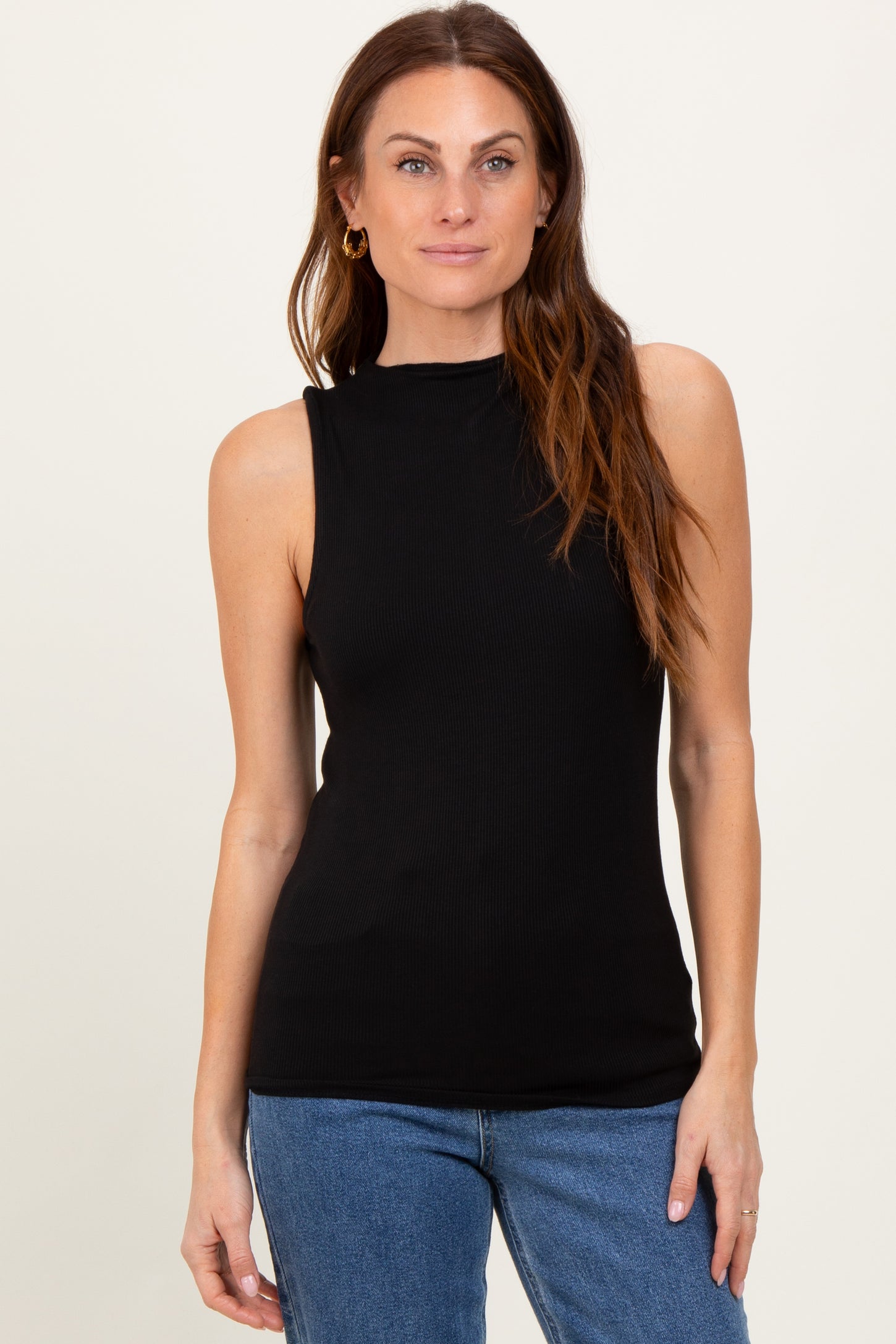 Black Ribbed Sleeveless Mock Neck Top