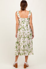 Green Floral Ruffle Strap Tiered Midi Dress