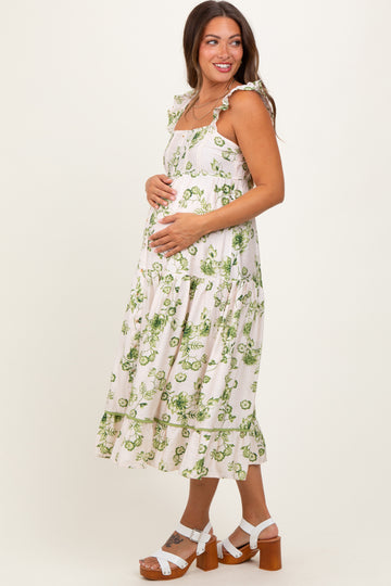 Green Floral Ruffle Strap Tiered Maternity Midi Dress