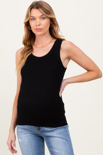 Black Melange Ribbed Fitted Maternity Tank Top