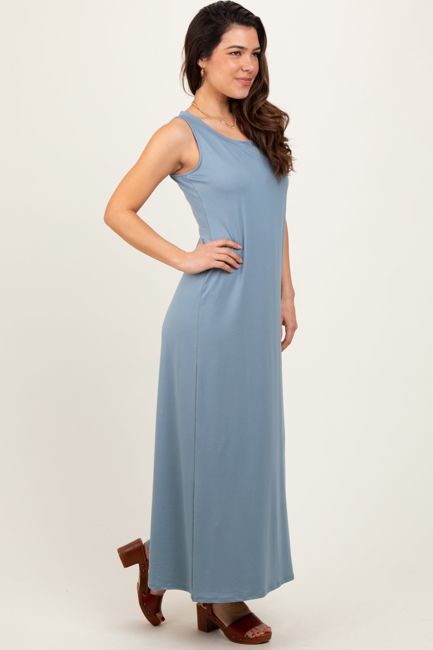 Light Blue Sleeveless Flared Scoop Neck Maxi Dress