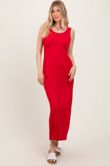 Red Sleeveless Flared Scoop Neck Maternity Maxi Dress
