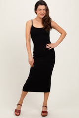 Black Ribbed Bodycon Midi Dress