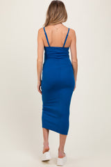 Blue Ribbed Bodycon Maternity Midi Dress