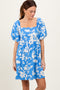 Blue Floral Puff Sleeve Mini Dress