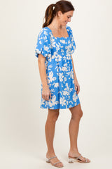 Blue Floral Puff Sleeve Mini Dress