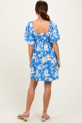 Blue Floral Puff Sleeve Mini Dress