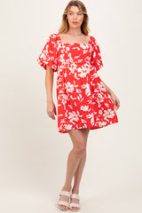 Red Floral Puff Sleeve Maternity Mini Dress