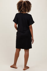 Black Brushed Rolled Short Sleeve V-Neck Maternity Dress