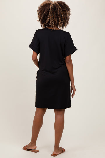 Black Brushed Rolled Short Sleeve V-Neck Maternity Dress