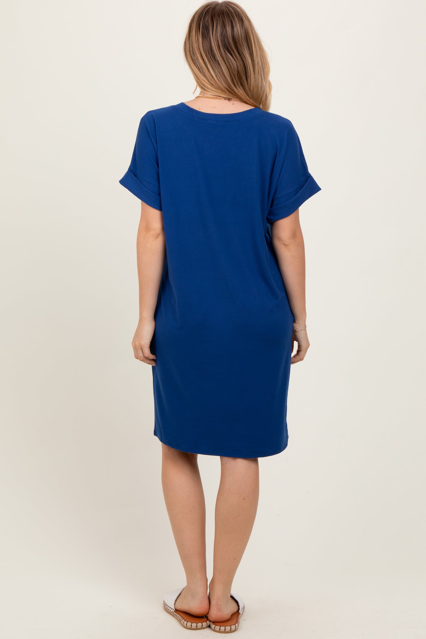 Navy Brushed Rolled Short Sleeve V-Neck Dress