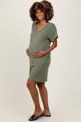 Light Olive Brushed Rolled Short Sleeve V-Neck Maternity Dress