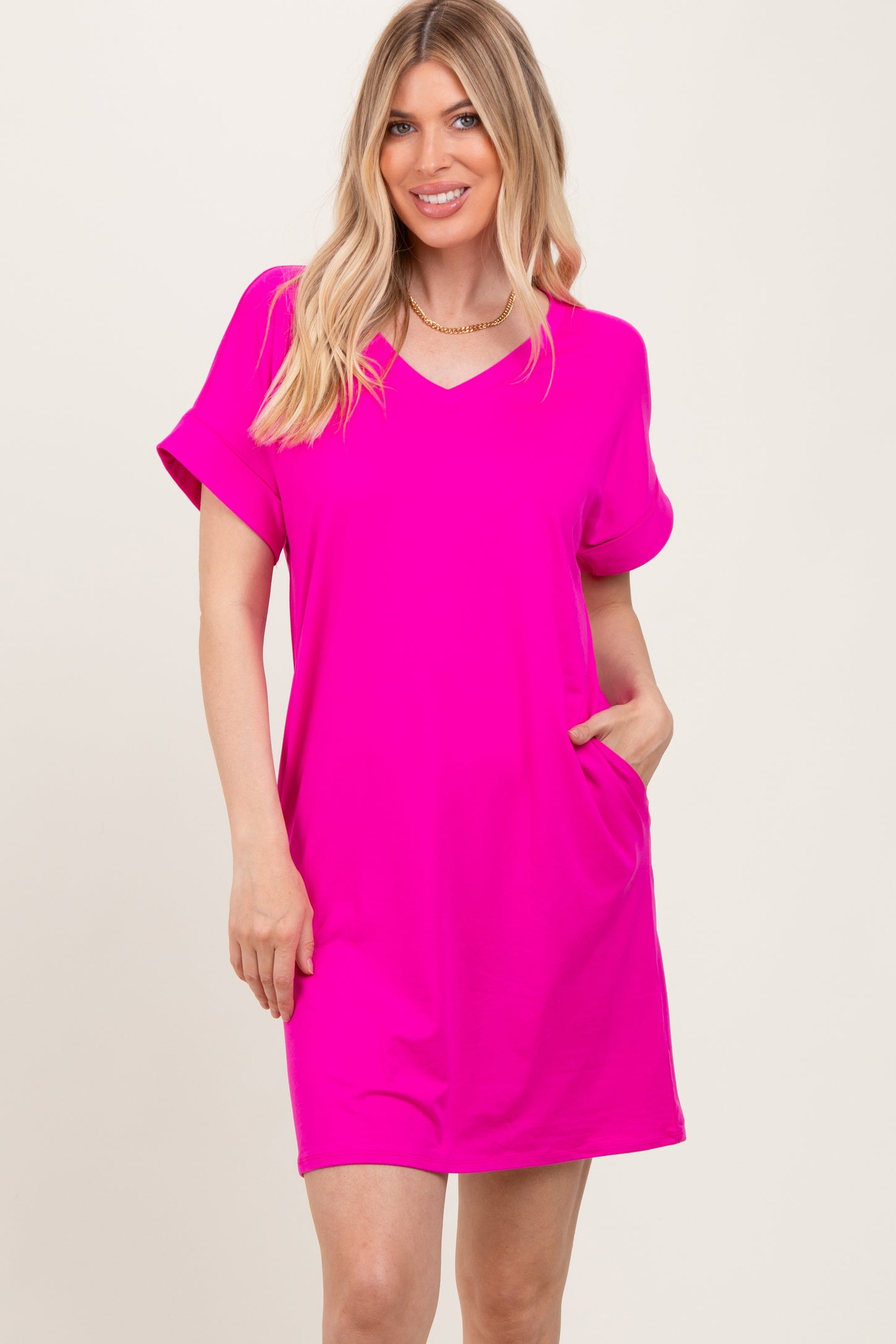Fuchsia Brushed Rolled Short Sleeve V-Neck Maternity Dress
