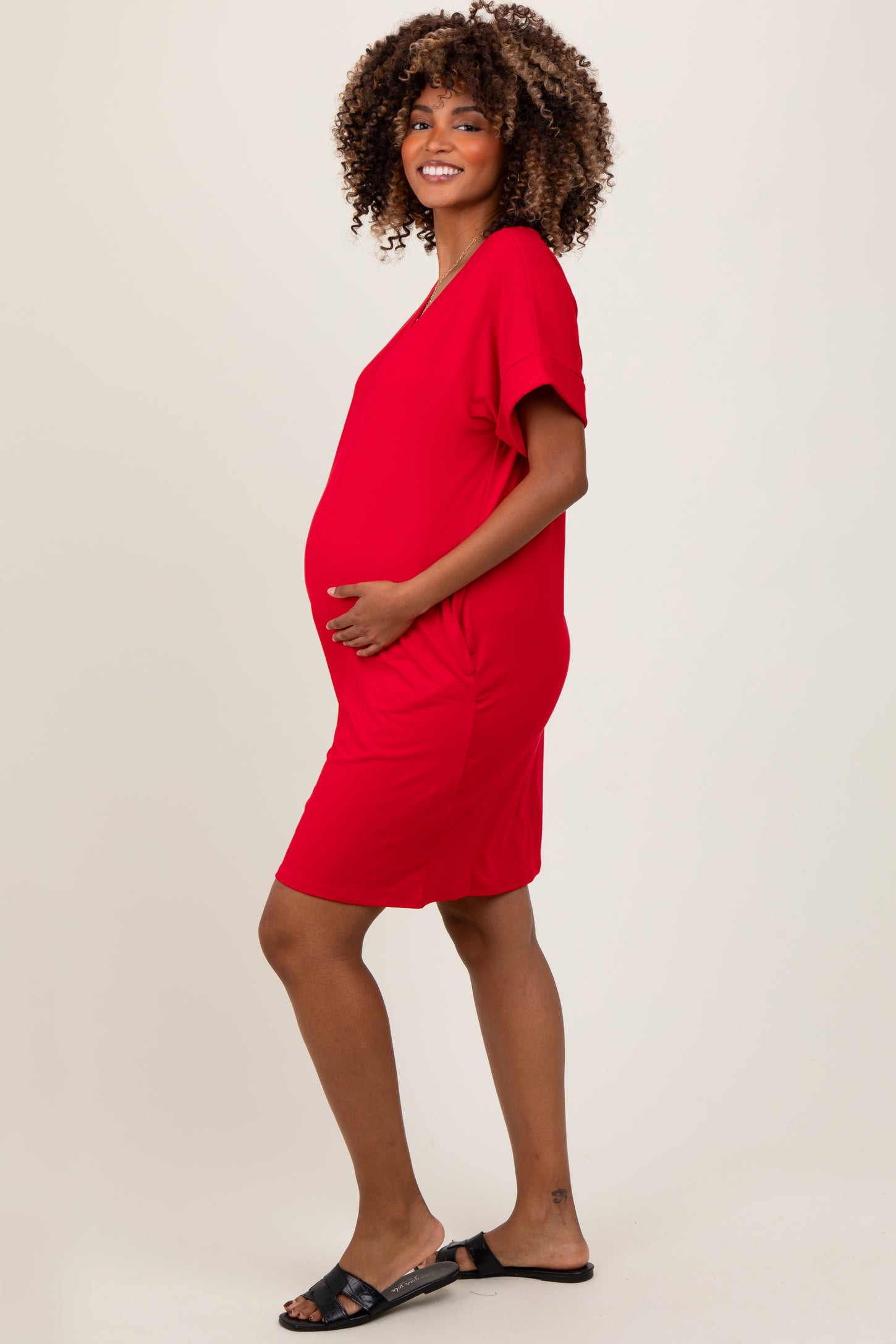 Red Brushed Rolled Short Sleeve V-Neck Maternity Dress
