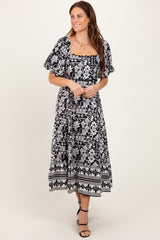 Black Floral Scallop Trim Maternity Midi Dress
