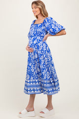 Blue Floral Scallop Trim Maternity Midi Dress