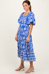 Blue Floral Scallop Trim Midi Dress