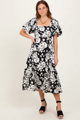Black Floral Scallop Trim Puff Sleeve Midi Dress