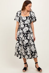 Black Floral Scallop Trim Puff Sleeve Midi Dress