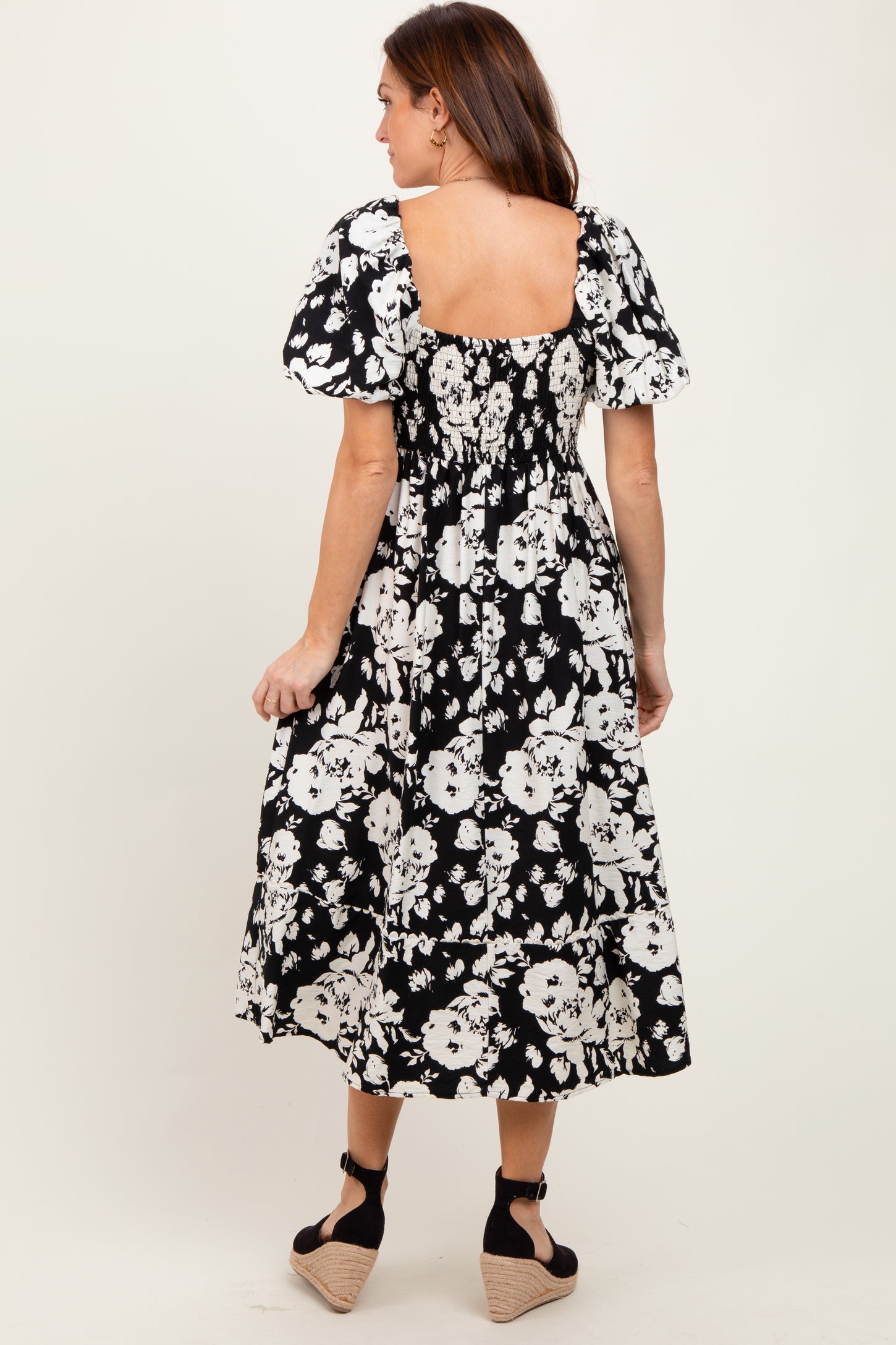 Black Floral Scallop Trim Puff Sleeve Midi Dress