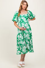 Green Floral Scallop Trim Puff Sleeve Maternity Midi Dress
