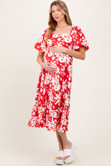 Red Floral Scallop Trim Puff Sleeve Maternity Midi Dress