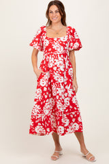 Red Floral Scallop Trim Puff Sleeve Maternity Midi Dress