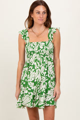 Green Printed Smocked Ruffle Strap Maternity Dress