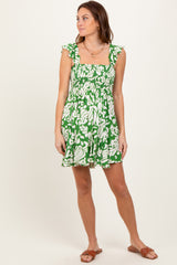 Green Printed Smocked Ruffle Strap Dress