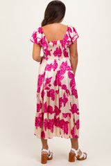 Cream Floral Smocked Waist Tiered Maternity Midi Dress