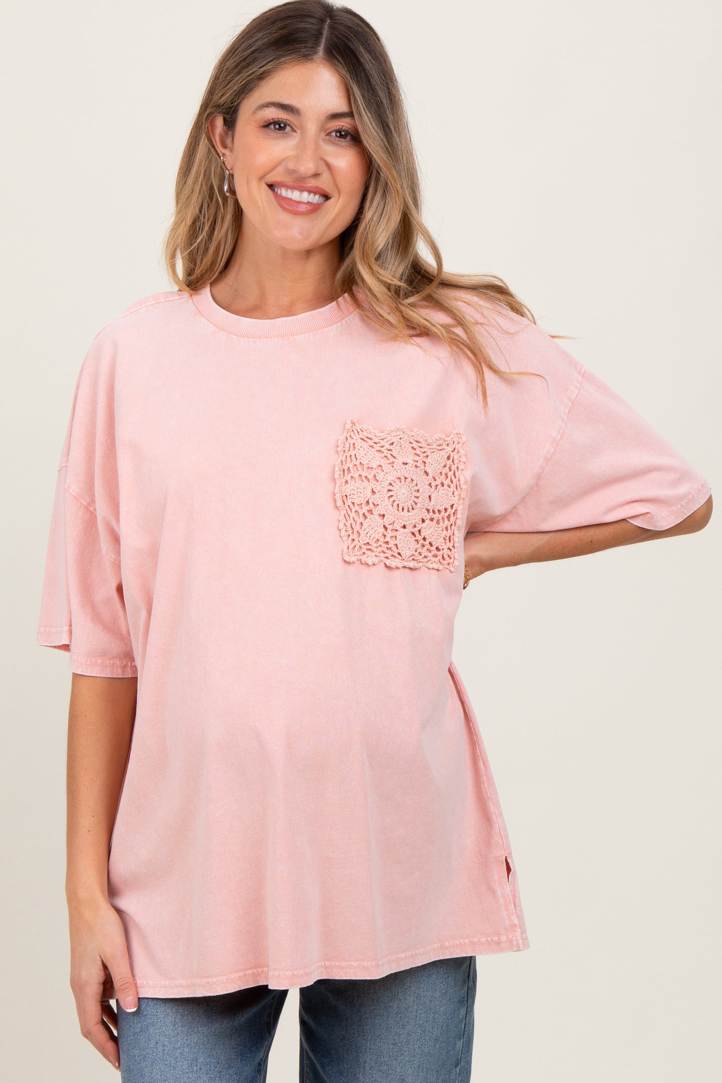 Light Pink Mineral Wash Crochet Pocket Maternity Top