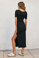 Black Ribbed Short Sleeve Side Slit Midi Dress