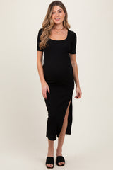 Black Ribbed Short Sleeve Side Slit Maternity Midi Dress