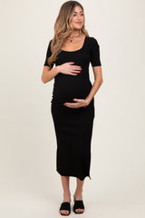 Black Ribbed Short Sleeve Side Slit Maternity Midi Dress