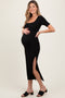 Black Ribbed Short Sleeve Side Slit Maternity Midi Dress