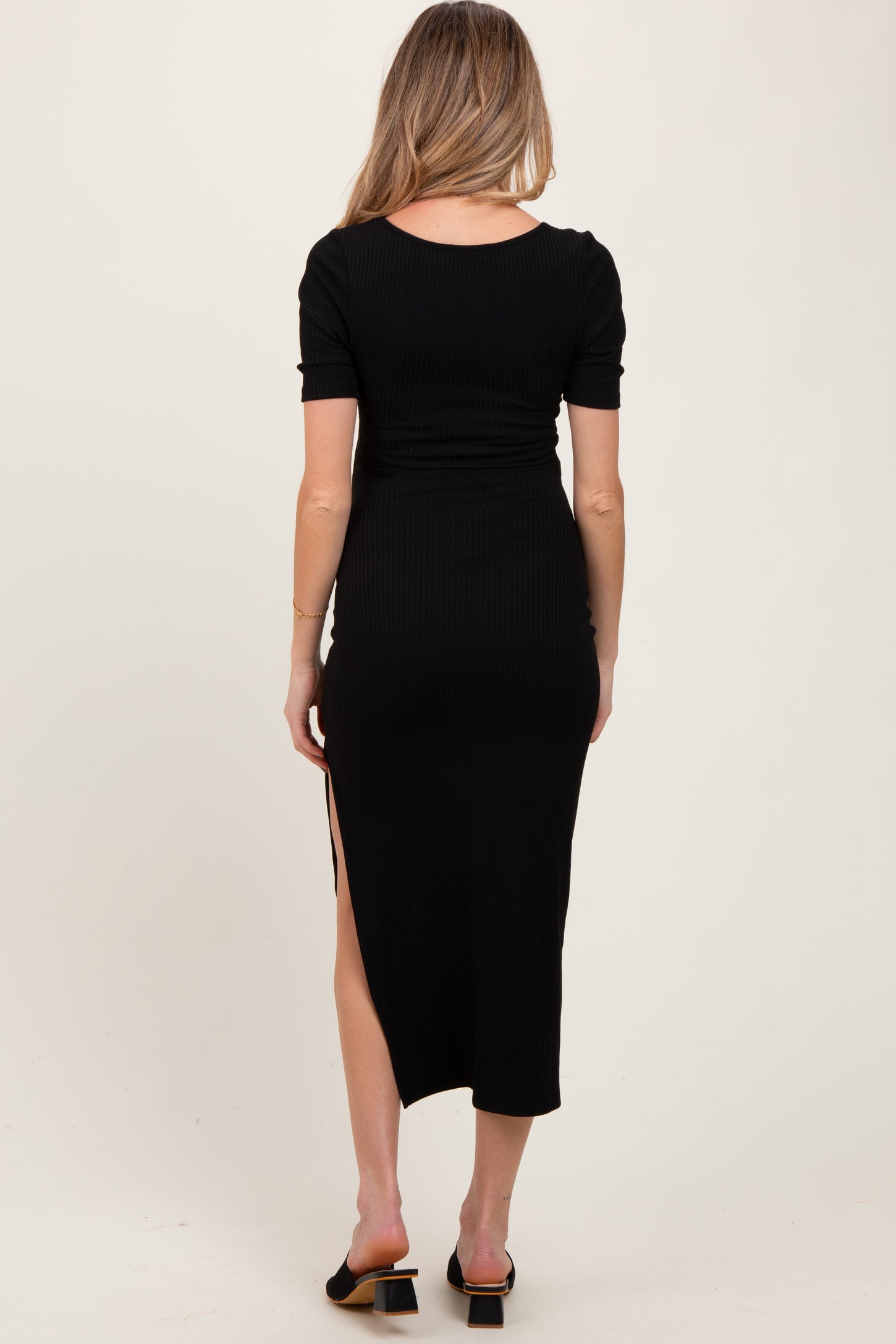Black Ribbed Short Sleeve Side Slit Maternity Midi Dress
