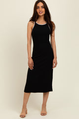 Black Ribbed Knit Embroidered Maternity Midi Dress