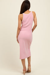 Pink Ribbed Knit Embroidered Midi Dress